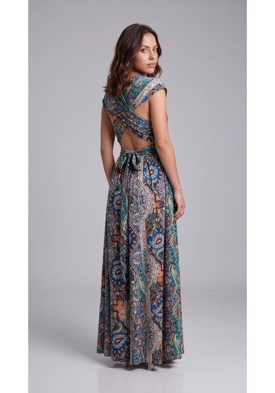 Alyn Wear Kadın Omuzlardan Açık Yakadan Çapraz Geçme Detaylı Yırtmaçlı Desenli Uzun Süprem Elbise Altın