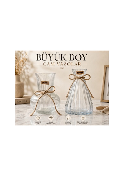 Modern Büyük Boy Rustik Cam Vazo 23 Cm,dekoratif Şeffaf Çizgili Vintage Vazo,salon, Masa, Çiçeklik, Bohem Ev Dekorasyonu Beyaz