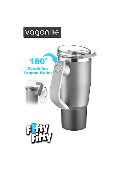 Vagonlife Rotate Tumbler Cup 0.94ml/34oz Pipetli/rahat İçim Vakumlu Paslanmaz Çelik Termos-ffvgn1007-950ml Gümüş