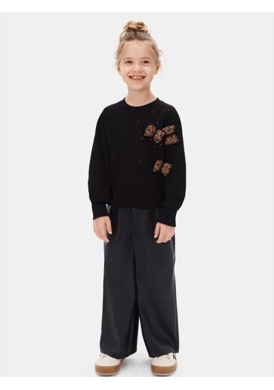 Kız Çocuk Leopar Fiyonk Detaylı Sweatshirt-16132 Siyah