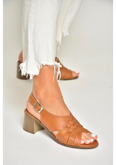 Fox Shoes P555453803 Taba Hakiki Deri Kalın Topuklu Kadın Sandalet Taba-hakiki Deri Taba