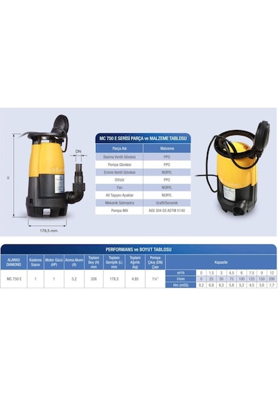 Alarko Diamond Mc750e - 1 Hp - 220 V Plastik Gövdeli Atık Su Dalgıç Pompa