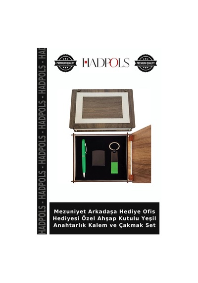 Mezuniyet Arkadaşa Hediye Ofis Hediyesi Özel Ahşap Kutulu Yeşil Anahtarlık Kalem Ve Çakmak Set
