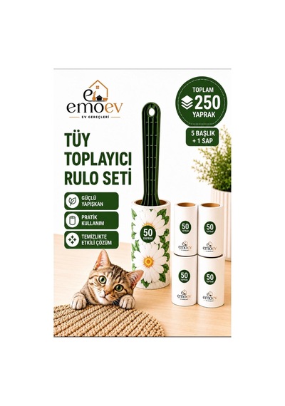 Tüy Toplayıcı Rulo Seti 5 Başlık / Toplam 250 Yaprak - Yüksek Yapışkanlı Kedi Köpek Tüyı, Halı, Koltuk Ve Giysi Temizleme Rulosu