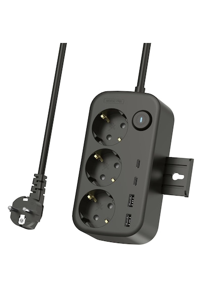 3 Lü Akım Korumalı Çoklu Priz 2 Usb-a 2 Usb-c 2 Metre Kablolu Duvara Monte Anahtarlı Siyah 1 - 3 M