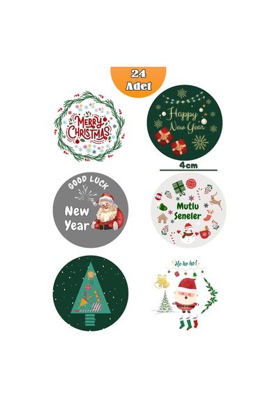 24 Adet 4 Cm Yılbaşı Temalı Etiket, Yapışkanlı Sticker, Hediye Paketi Etiketi Yüksek Kalite Standart