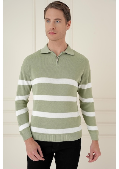 Efor Slim Fit Çizgili Fermuarlı Polo Yaka Yeşil Triko Kazak Tr 877 Yeşil