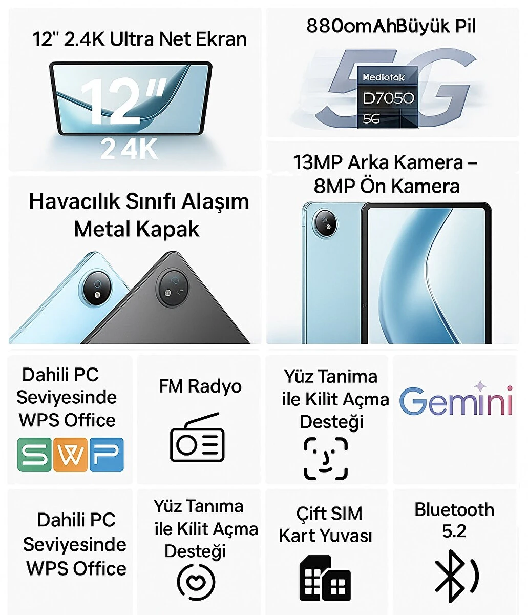 Doogee V Pad 5G 8 GB 256 GB 15 Sim Kartlı 12" Tablet