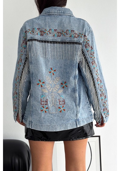 Femelle Kadın Çıtçıt Düğmeli Taş Püsküllü Komple Nakış İşlemeli Denim Ceket mavi