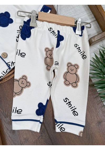 Kruvaze Yaka %100 Pamuk Smile Baskılı Relaxed Mevsimlik Pijama Takımı 4bb2 Beyaz