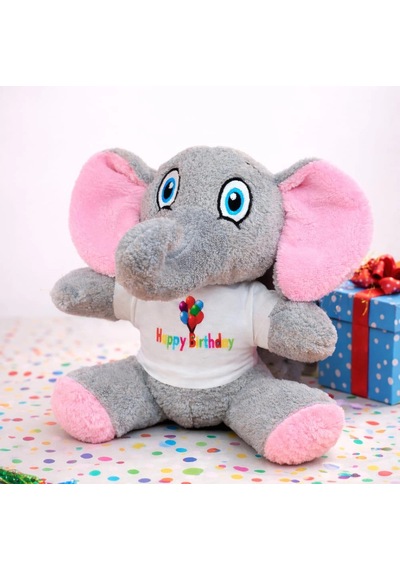 Happy Birthday Tişörtlü Sevimli Peluş Fil Gri