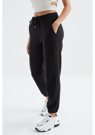 Siyah Yüksek Bel Basic Bağcıklı Jogger Polar Kadın Eşofman Alt - 94622 Siyah