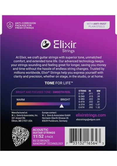Elixir 011-052 Bronz Akustik Gitar Teli Ekonomik 3'lü Set 16564