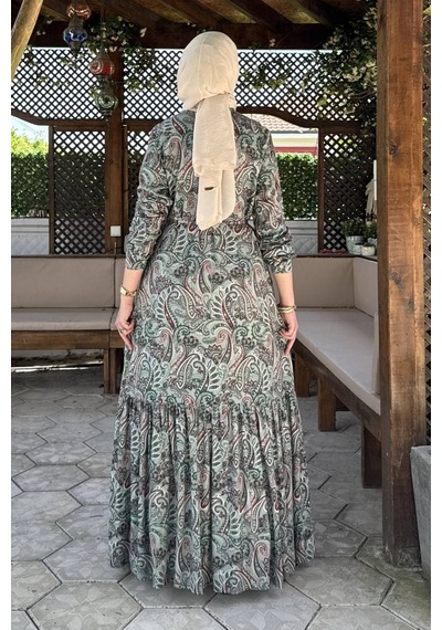 Rabia Şamlı Rengin Şal Desenli Gömlek Elbise Yeşil Normal