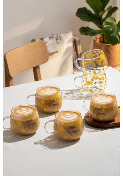 Porsima 2089-1 6lı Borosilikat Isıya Ateşe Dayanıklı Cam Kulplu Çay Bardağı Kahve Bardak Kupa 400 ML