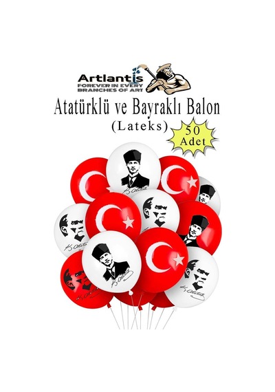 Atatüklü Ve Bayraklı Balon 50 Adet Ata Balon Süsleme 29 Ekim 23 Nisan Kırmızı Beyaz Balon Bayrak Balon Bayram