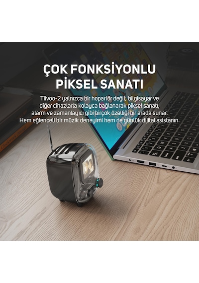 Divoom Tiivoo-2 Fm Radyolu Mini Bluetooth Hoparlör, Kablosuz Piksel Ekranlı Retro Taşınabilir Ses Bo