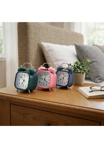 Twin Bell Alarm Clock Bgc-10 Kare Masa Çalar Saat Metal Kasa, Renkli, Pilli & Işıklı, Çap: 8.8 Cm