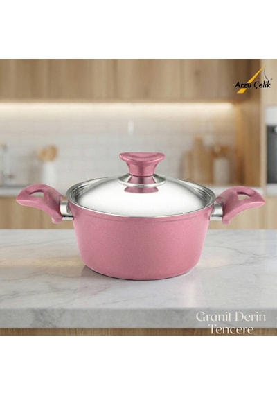 18 Cm Granit Derin Tencere Çelik Kapak - Mürdüm Mürdüm