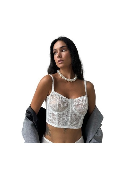 Onsekiz18shop İçi Boş Gümüş Simli Çiçekli Tül Beyaz Büstiyer Takım