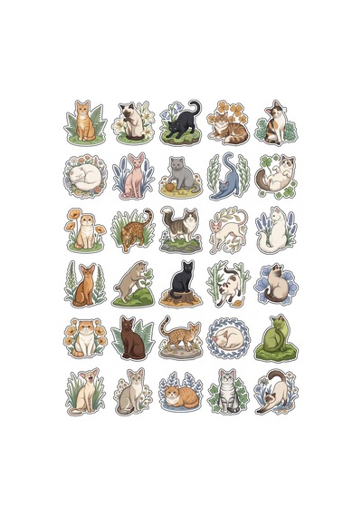 30 Adet Sevimli Botanik Kedi Sticker Seti - Laptop Ajanda Scrapbook İçin Çok Renkli