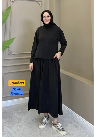 Balenbi Kadın Modal Kumaş Rahat Kalıp Lastikli Bel Etekli Tesettür Takım 1221 - Premium Seri Siyah Balenbi Kadın Modal Kumaş Rahat Kalıp Lastikli Bel Etekli Tesettür Takım 1221 - Premium Seri Siyah