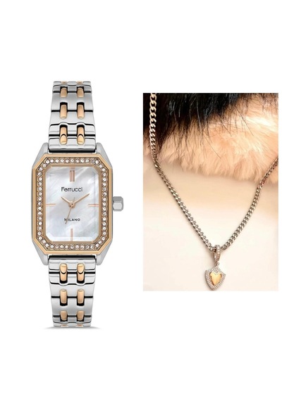 Ferrucci Dikdörtgen Zirkon Taşlı Zarif Model Çelik Kadın Kol Saati+%100 Çelik Kalpli Kolye Gümüş - Rose Gold Ferrucci Dikdörtgen Zirkon Taşlı Zarif Model Çelik Kadın Kol Saati+%100 Çelik Kalpli Kolye Gümüş - Rose Gold