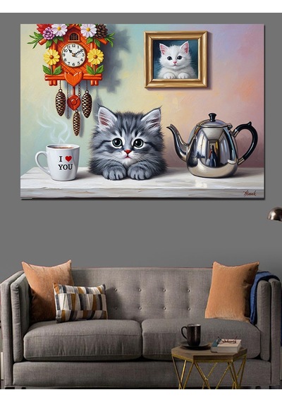 Çay Saati Kedi Keyfi Dekoratif Kanvas - Mdf Ahşap Tablo