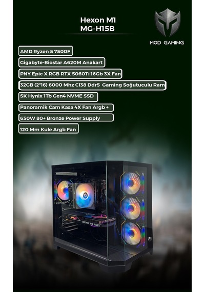 Mod Gaming Hexon MG-H15B R5-7500F 32 GB 1 TB SSD 16 GB RTX5060 Ti Msaüstü Oyuncu Bilgisayarı