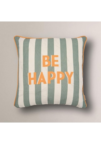 Be Happy Baskılı Renkli Tasarım Kırlent Kılıfı Yeşil