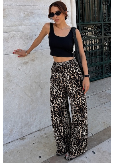 Madmext Koyu Siyah Ayarlanabilir Bel Leopar Desenli Bol Paça Pantolon Mg2095