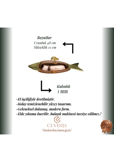 Cuvesta Modern El Yapımı Bakır Balık Servis Tabağı 50cm