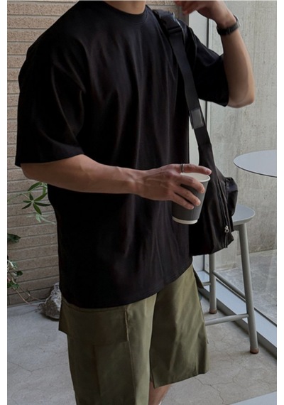 Tarz Cool Erkek %100 Pamuklu Kalın Dokulu Oversize Bisiklet Yakalı T-shirt Siyah