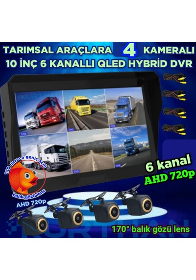 4 Adet 4x3 Cm. 170 Derece Balık Gözü Lens Ahd 720p Kamera Qled Ekran 10'' Dvr 12 V 256 Gb