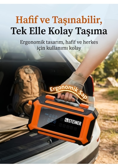 Steiner 36v Şarjlı 20.000mah Araç Akü Takviye Cihazı 150 Psı Işıklı Dijital Ekranlı Lastik Şişirme Hava Kompresörü 7 İn 1 Çantalı