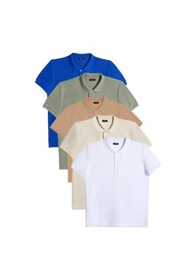 Tudors Erkek 5'li Paket Beyaz-mavi-taş-vizon-haki Slim Fit Pamuklu Düz Pike Polo Yaka Tişört-37576 Multi
