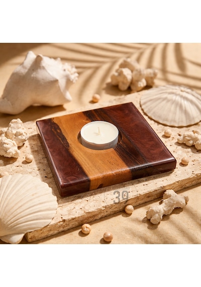 Classic Ceviz & Epoksi Mumluk El Yapımı Tealight Mumluk 12x12 Cm Tasarım Dekoratif Mumluk Bakır