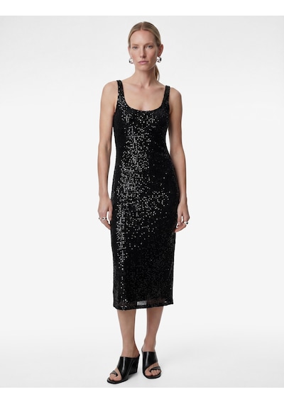 Koton Pullu Payetli Kolsuz U Yaka Midi Slim Fit Abiye Elbise Siyah 6sak80010fk
