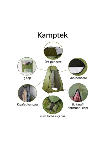 Otomatik Kurulum Kamp Çadırı 3-4 Kişilik + Anında Pop-up Katlanır Duş Ve Soyunma Çadırı Kamp Avantaj Seti Yeşil