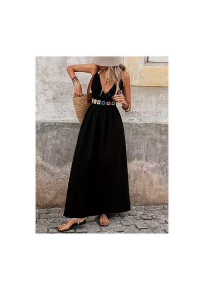 Butik İstanbul Kadın Askılı Kruvaze Yakalı Belden Etnik Desenli Uzun Viskon Elbise Siyah