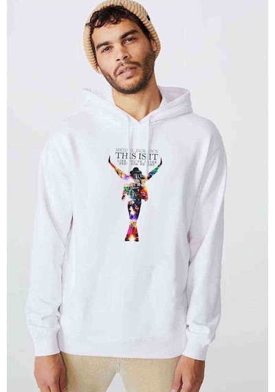 Michael Jackson Baskılı Beyaz Erkek Örme Kapşonlu Sweatshirt (534798946)