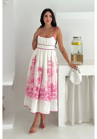 Asprin Fashion Desenli Keten Elbise Pembe Pembe