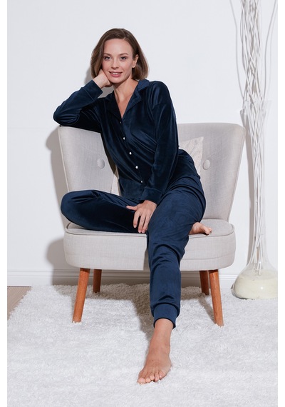 Lela  Regular Fit Parlak Kadife Ribanalı Bayan Pijama Takımı 6097110 Lacivert
