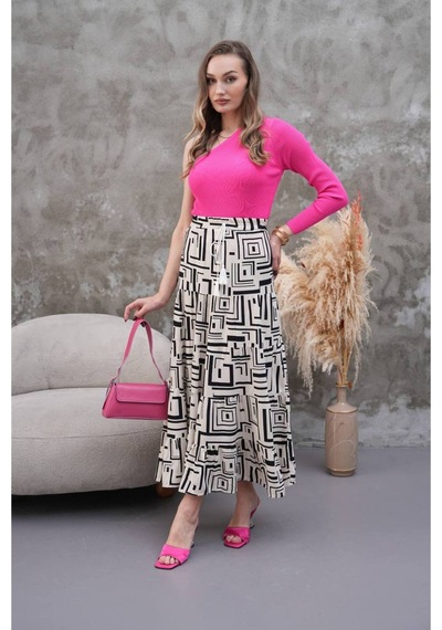 Polologin Butik Siyah Beyaz Bol Kesim Etnik Desen Viskon Etek Siyah
