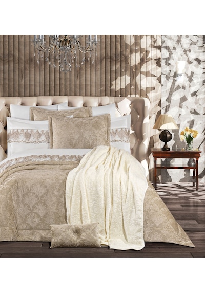 Goldroom Home Buket 11 Parça Nakışlı Nevresim Takımlı,kadife Yatak Örtüsü Ve Battaniyeli Çeyiz Seti Vizon