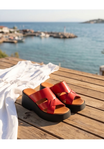 Futsishoes Vıvıenne Kırmızı Hakiki Deri Kalın Taban Çapraz Bantlı Kadın Terlik