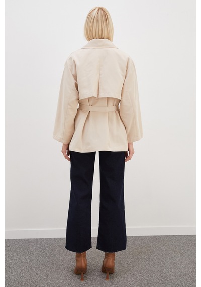 Fullamoda Pelerinli Kuşaklı Geniş Kol Oversize Trençkot Bej