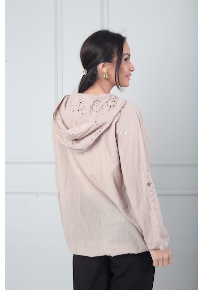 By Saygı Kadın Kapüşonlu Önü Düğmeli Cepli Brode Fisto İşlemeli İtalyan Cotton Ceket Bej