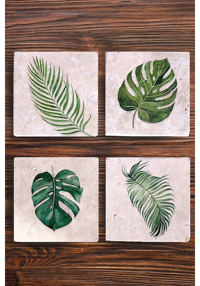 Doğal Taş Bardak Altlığı Uv Baskılı 4'lü Set Yaprak Desenleri - Stone Coasters Çok Renkli