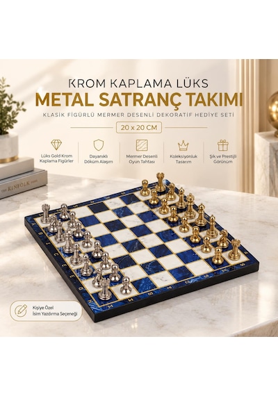 Lüks Metal Satranç Takımı Krom Figürlü 20 X 20 Cm Mavi Mermer Desenli Dekoratif Özel Hediye Seti